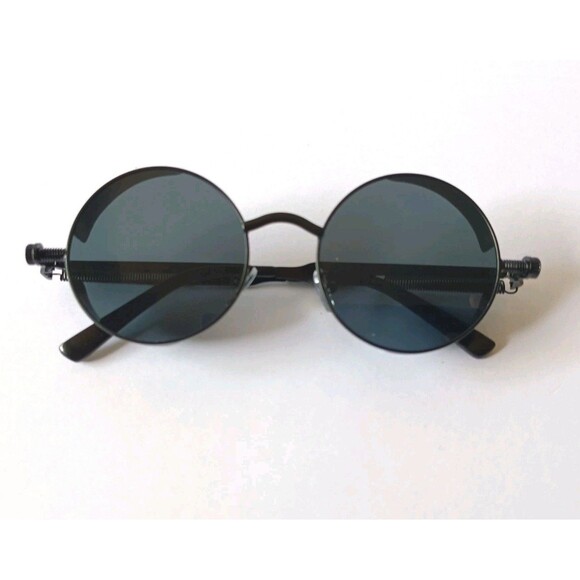 Steampunk Gothic Retro Round Circle Sunglasses Black Metal Frame Blue Lens C12 - Picture 1 of 8